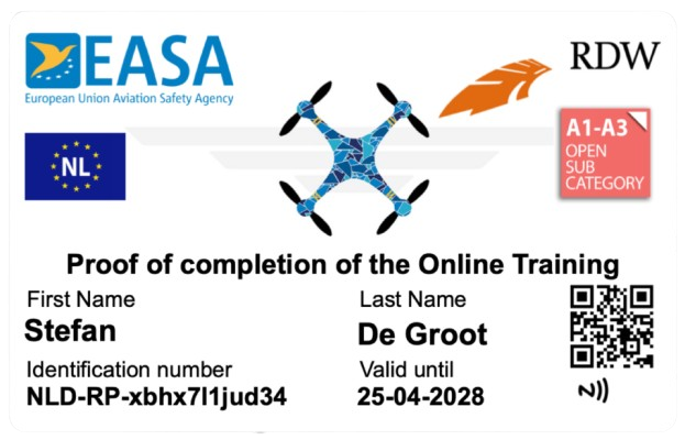 Voorbeeld van een drone licentie pasje