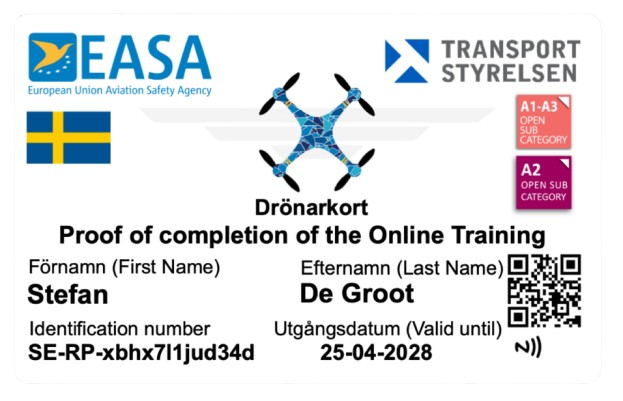 Voorbeeld van een drone licentie pasje transport styrelsen
