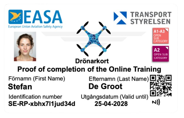 Voorbeeld van een drone licentie pasje sweden