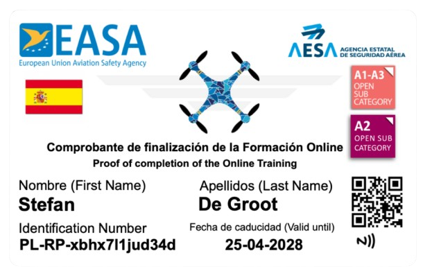 Voorbeeld van een drone licentie pasje spanje