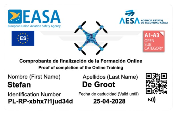 Voorbeeld van een drone licentie pasje spanje a1 a3 a1/a3