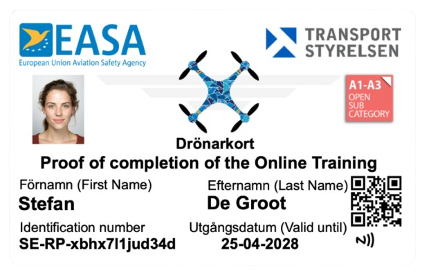Voorbeeld van een drone licentie pasje easa transport styrelsen