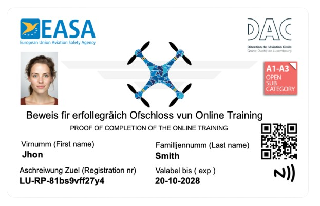 Voorbeeld van een drone licentie pasje dac