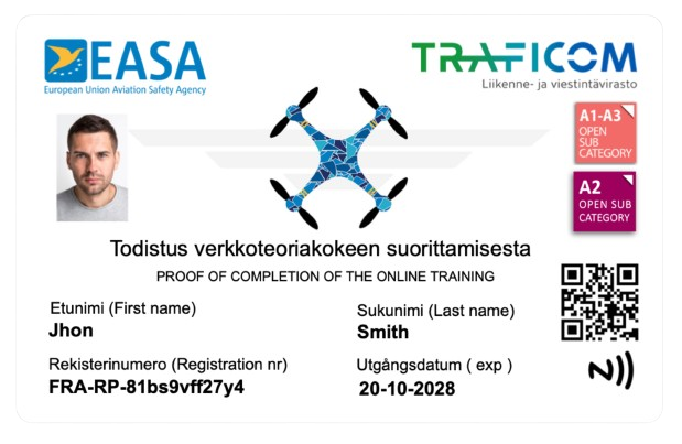 voorbeeld drone pas traficom finland a1/a3 a2